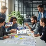 Diverse professionals collaborating on custom website design in a modern office