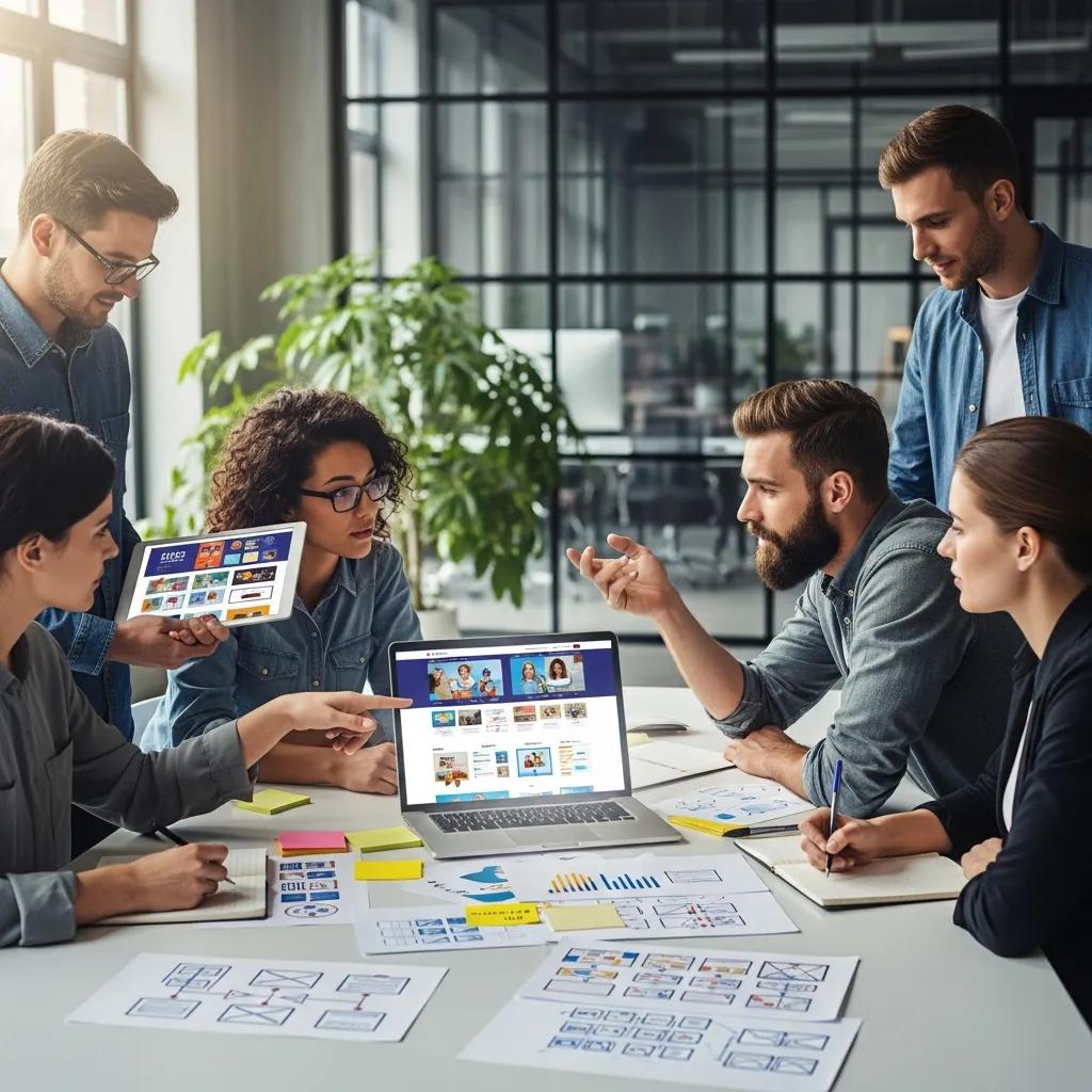 Diverse professionals collaborating on custom website design in a modern office
