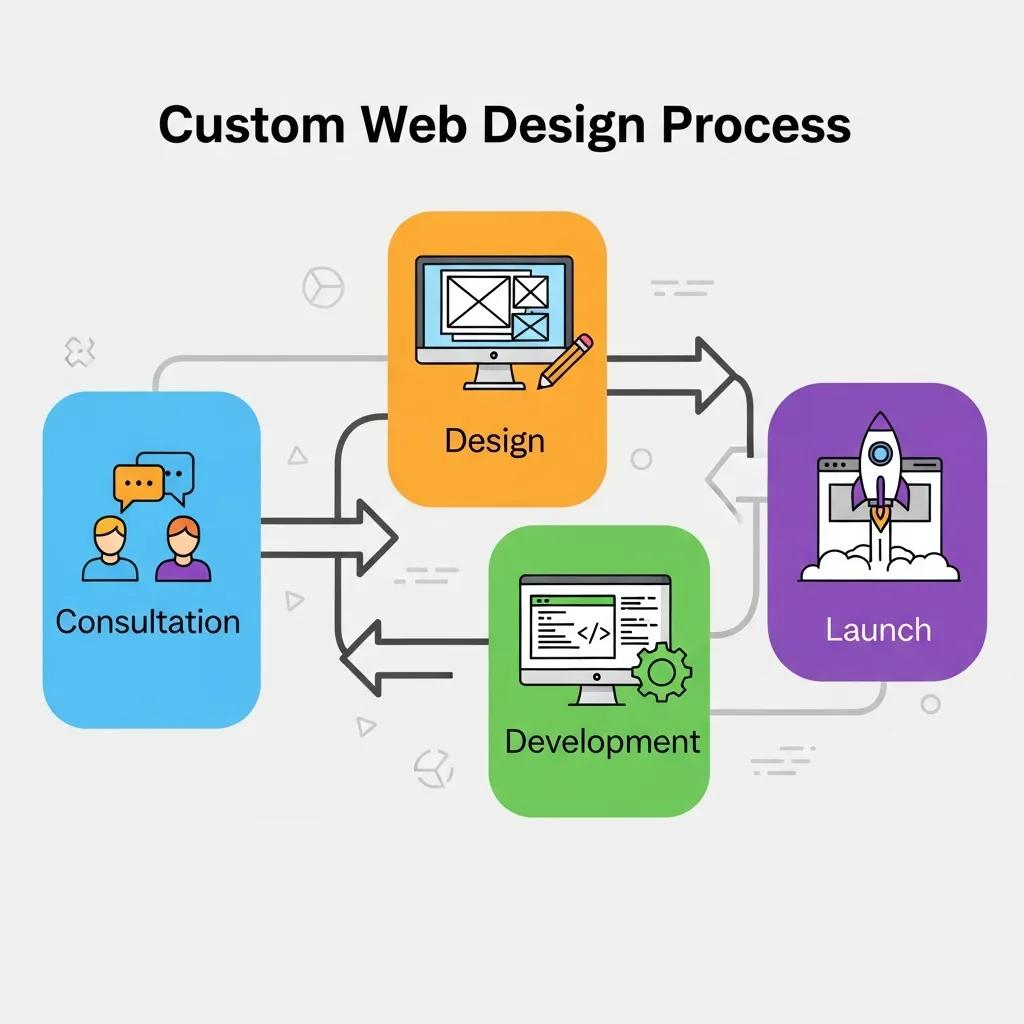 Visual representation of the custom web design process including consultation, design, development, and launch